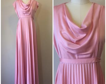 Vintage 70s Pink Pleated Formal Party Dress | 1970s Cowl Neck Disco Prom Dress Gown