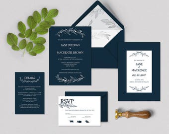 Printable Wedding Invitation Template, Instant Dwonload, Classic, Word, Easy DIY, Editable Invitation, silver foil, Navy, Invitation set