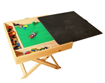 Foldable Lego table and organizer with storage, wooden chalkboard and white board for kids