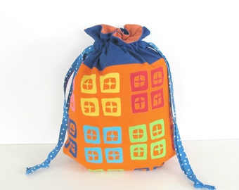 Crochet Bag, Knitting Bag, Drawstring Knitting Project Bag, MediumTote Bag Geometric Blue Orange Yarn Bag