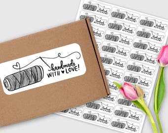 30 Sew, Needle and Thread Handmade with Love Stickers / Hand Lettered, Drawn / Labels / Happy Mail / Packaging Stickers / Shop Exclusive
