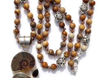 Picture Jasper Necklace, Andalusite Gemstone Necklace, Ammonite Necklace, Sterling Ammonite Pendant, Hand Knotted Gemstones, Handmade OOAK