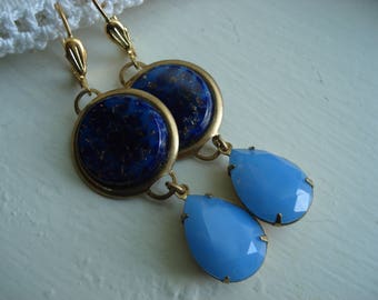 Vintage Art Deco Lapis Lazuli and Blue Opal Faceted Glass Teardrops Gold Earrings
