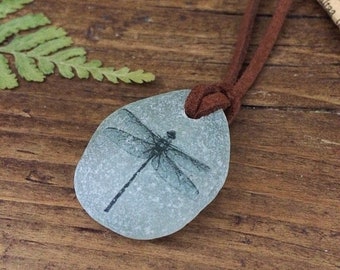 Dragonfly Sea Glass Necklace, Sea Glass pendant, Suede leather necklace.