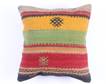 VINTAGE Wool Pillow Case - VINTAGE Turkish decorative kilim pillow cover,16''X16'', Bohemian Home Decor,