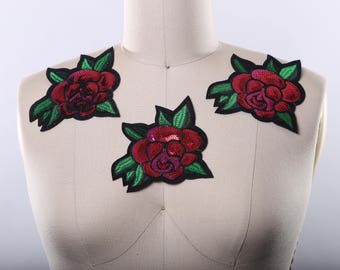 Red Rose Patch. Sequined Rose Patch. Vibrant Red Color with Equally Vibrant Green Leafs/ Iron on Red Rose Applique