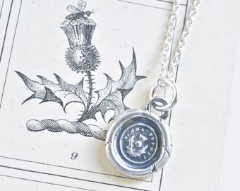 Scottish thistle wax seal necklace - dinna forget outlander jewelry - tiny sterling silver antique trinket wax seal jewelry