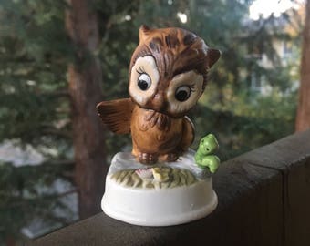 Owl with Inch Worm, Bone China Bird Figurine, Vintage Small Brown Owl, 3" Height