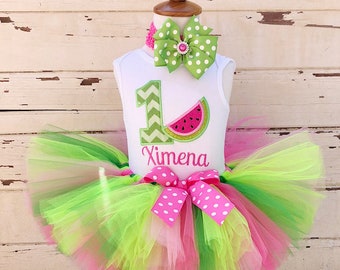 Watermelon Tutu Outfit, 1st Birthday Tutu Set, Pink or Red, Personalized Bodysuit, Sewn Tutu, Headband, Baby Girl Cake Smash, One in a Melon