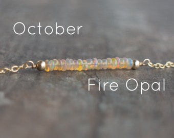 Fire Opal Necklace, Gift for Mom, Mothers Day, Gift for Wife, Dainty Gemstone Bar Necklace, Ethiopian Welo Opal Jewelry, October Birthstone