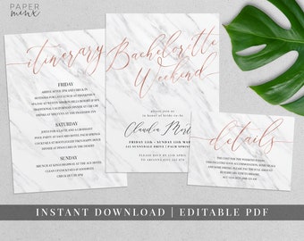 Marble and Rose Gold Bachelorette Weekend Invitation | Editable | Hens Weekend Itinerary | Itinerary Template | Marble and Rose Gold Foil