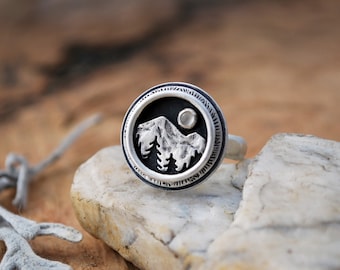 Mountain Shadowbox Ring - Moonstone and Silver - Mountain Moon and Pine Trees - Nature Landscape Statement Ring - Hammered Band