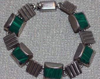 Vintage Sterling Taxco Malachite Link Bracelet