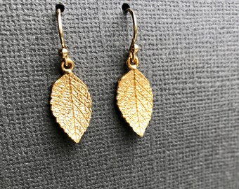 Gold Leaf Earrings, Tiny Rustic Leaf Earrings in Gold Vermeil, Simple Minimal Dangle Earrings, Gold Plated 925 Silver, Boho Nature Leaves