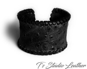 Black Leather Cuff Bracelet Ostrich Print with Whipstitched Edge