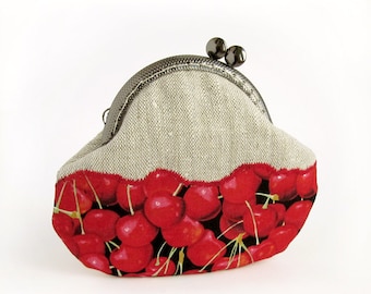 Red Cherries Coin Purse, Fruit Berries, Linen Pouch with Kisslock