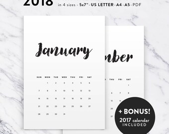 Calligraphic Calendar 2018, Printable 2018 Calendar, Calligraphy Calendar Planner 2018 PDF Calendar Printable Wall Calendar INSTANT DOWNLOAD
