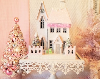 Shabby Putz House w/ PINK ROSES, Lighted with Bottle Brush Trees
