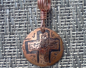 Hammered and etched copper pendant #10