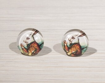 Rabbit earrings, rabbit studs, Alice in Wonderland Earrings, White Rabbit Earrings, Alice in Wonderland, Tenniel illustration