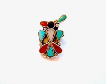 ZUNI Native American Bird Brooch Pin Sterling Silver Turquoise Coral Mother of Pearl Onyx Inlay Hand Scribed B E T