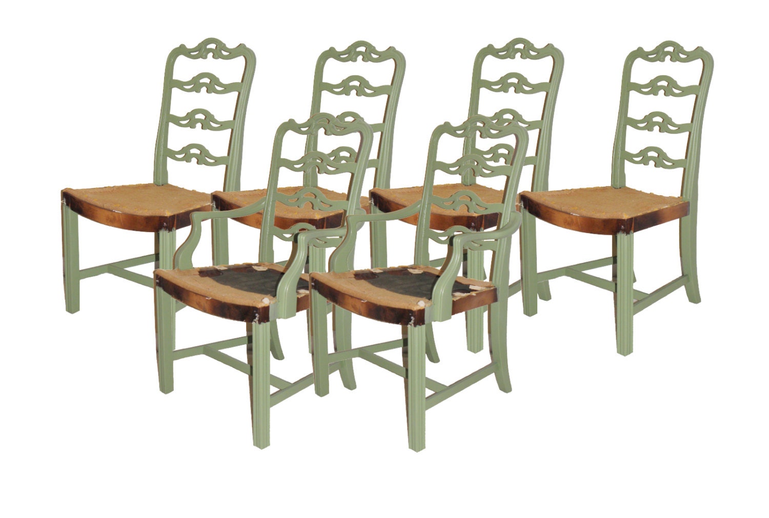 Set of 6 Green Dining Chair Refurbished Vintage Customizable