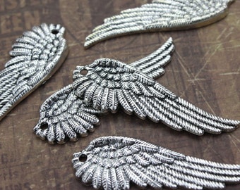 10 Large Angel Wing Charms Bird Wing Pendants Antiqued Silver Tone 17 x51 mm