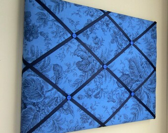 16"x20" French Memory Board or Bow Holder, Ribbon Board, Photograph Organizer, Vision Board, Bow Board,Dark Blue Ink Floral