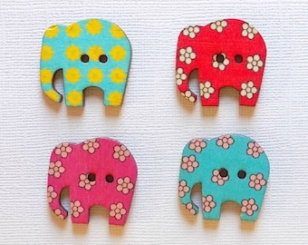 4 Wooden Elephant Buttons, Multi Color Buttons - #SB-00035