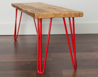 Hand crafted hairpin leg bench built to size using reclaimed