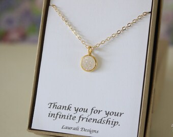 Tiny White Druzy Necklace, Crystal Necklace, Thin Druzy Pendant, Gold, Rainbow Pendant, Natural, Natural Stone