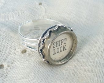 Shift Lock Typewriter Key Ring, Silver Plated, Adjustable Ring, Antique Upcycled Jewelry, Silver Ring, Shift Lock Jewelry, Vintage Key Ring