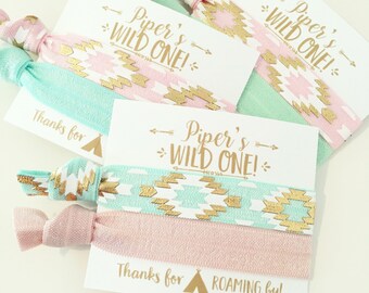 Wild One Birthday Party Hair Tie Favors | Boho Birthday Party Hair Tie Favors, Boho Arrow Aztec Tribal Print Hair Ties, Gold Mint Pink White