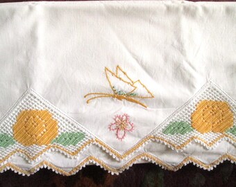 Pair of Vintage Pillowcases, Hand Embroidered Butterfly & Rose, Crochet Trim