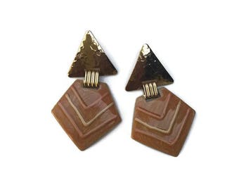 Vintage modern triangle statement earrings / minimalist / peach / gold