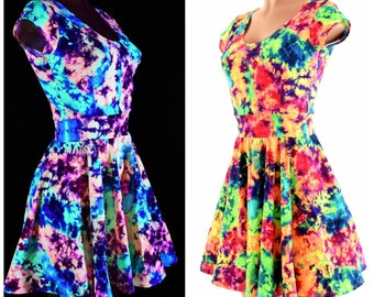 Acid Splash UV Glow Cap Sleeve Fit and Flare Skater Skate Dress Rave Festival Clubwear - 154087