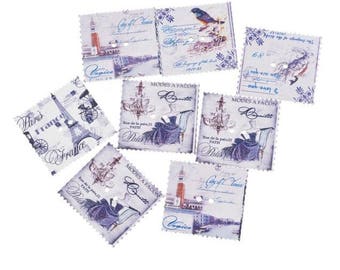 large buttons faux postage stamps (cities in Europe) 30mmx33mm 2 holes