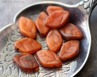 PUMPKIN LEAVES .. 10 Picasso Czech Glass Leaf Beads 12x7mm (1533-10)