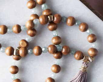 Wood and Glass Tassel Necklace / Long Mala Necklace / Dark wood beads / Natural Beads / Boho Style / Casual Jewelry / Friend gift
