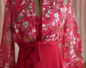 Vintage Gown - Bridesmaid Prom 70s Floral Halter Jacket Red