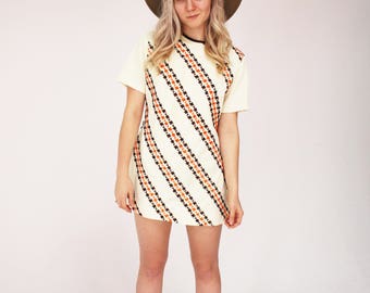 60s Twiggy Dress - Creme, Print, Polyester, Vintage, Mini Dress, Hipster, Boho