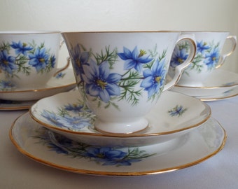 Vintage Tea Cup and Saucer, Blue and White with Nigella Flowers. Queen Anne Tea Cup and Cake Plate Trio, Perfect For An Afternoon Tea Party