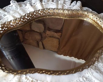 Mirrored Vanity Tray, Vintage, Boudoir Vanity Tray, Hollywood Regency Style, Bath Tray, Filigree, Perfume Tray, Gold Metal Edge,