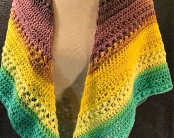 Crocheted Shawl in Purples, Yellows, Greens and Blues