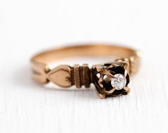 Sale - Antique Diamond Ring - Edwardian 10k Rose Gold Old European Cut - Vintage Size 7 1/2 Raised Solitaire Engagement Heart Fine Jewelry