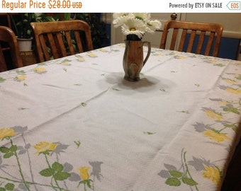 Spring Sale Vintage White Tablecloth With Yellow Roses White Gray and Yellow Tablecloth
