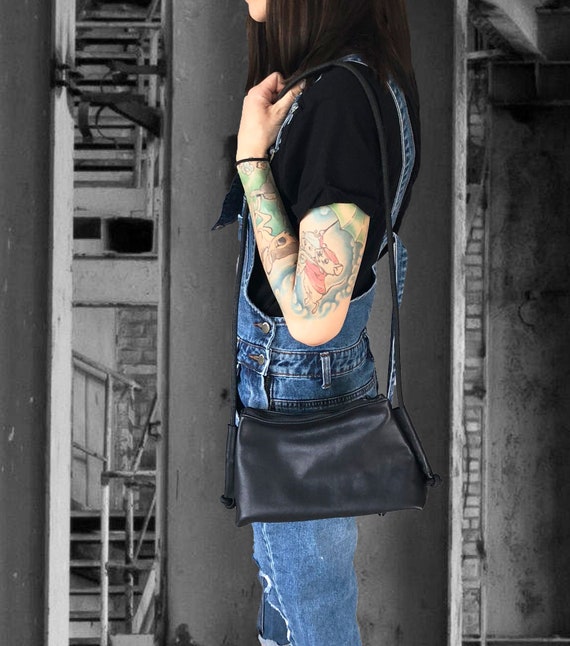 Black leather handbag small pouch handbag black gift for women