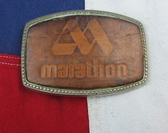 Vintage 1970's Marathon Oil Corporation Belt Buckle Leather Nickel Silver Corporate Logo Drilling Mining Industrial Gas Station Trucker