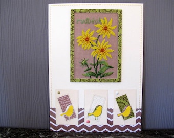 Painting of rudbeckias embroidered and yellow birds