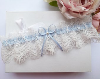 Ivory eyelash lace garter, lace wedding garter, blue garter, pearl garter, something blue garter, blue wedding garter, bridal garter